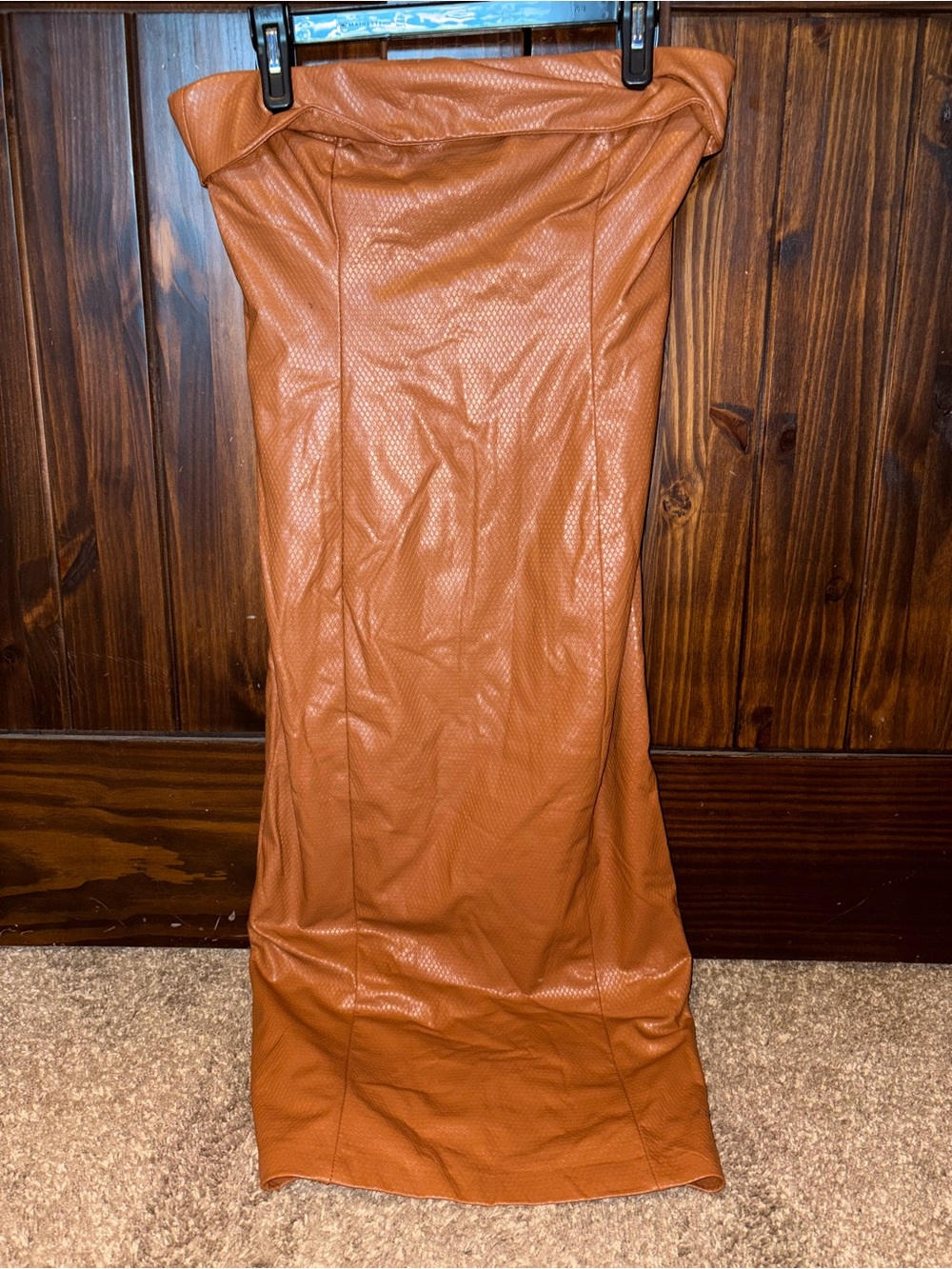 Faux Leather Strapless Midi Dress in Cognac